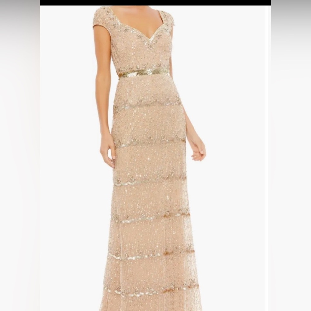 Mac Duggal Cream Sequin Tiered Gown with Flutter Sleeves - Picture 1 of 3